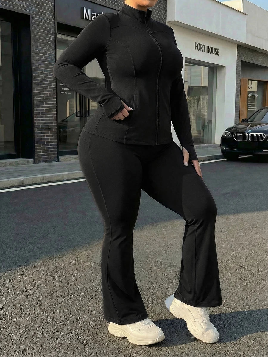 Plus Size Women Solid Color Long Sleeve Zip Up Top And Flared Pants Slim Fit Sportswear Set