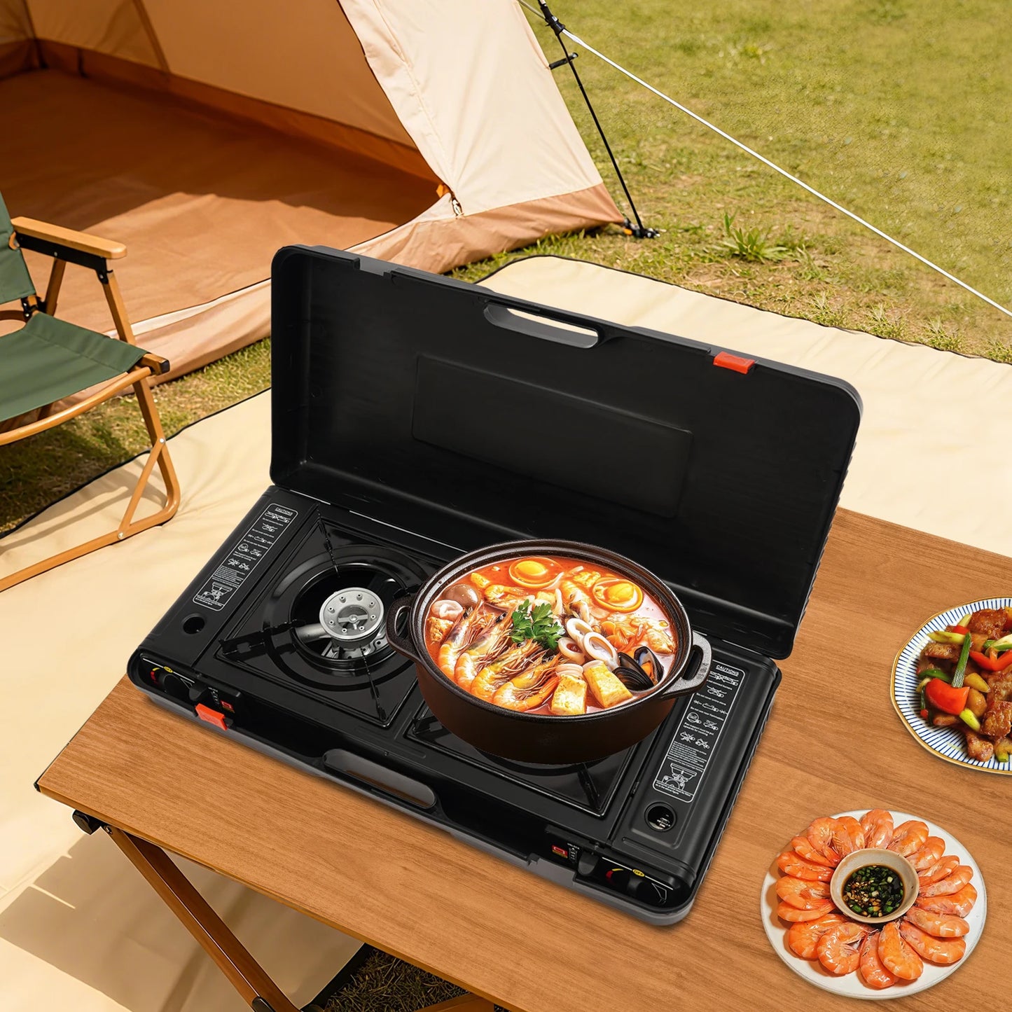 Portable Dual Fuel Camp Stove With Piezo Ignition And Non Stick Griddle