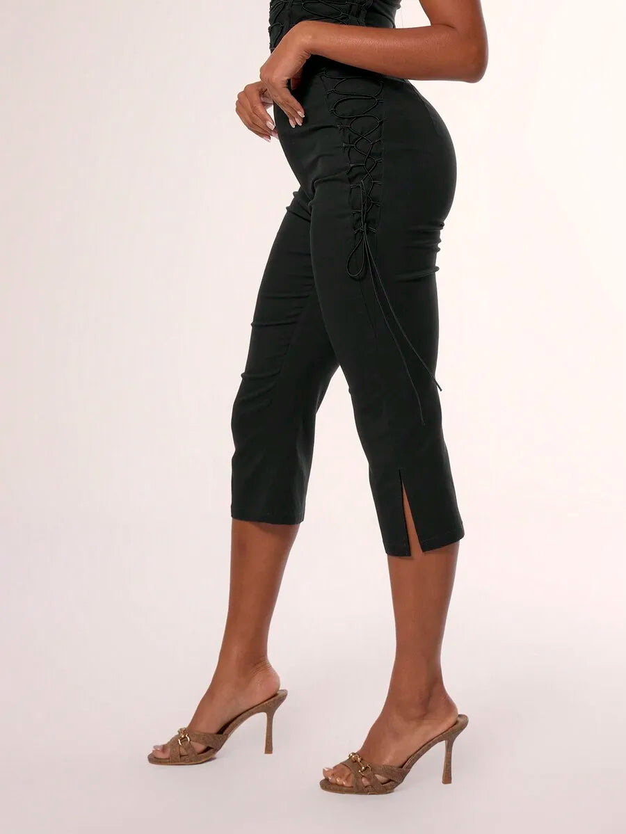 Side Laced Capri Pants For Women Summer Vacation Festival