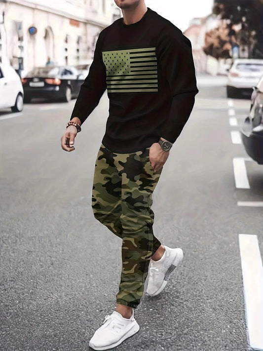 2-piece men's summer patriotic flag printed T-shirt and camouflage shorts set - fashionable casual sportswear, suitable for spor