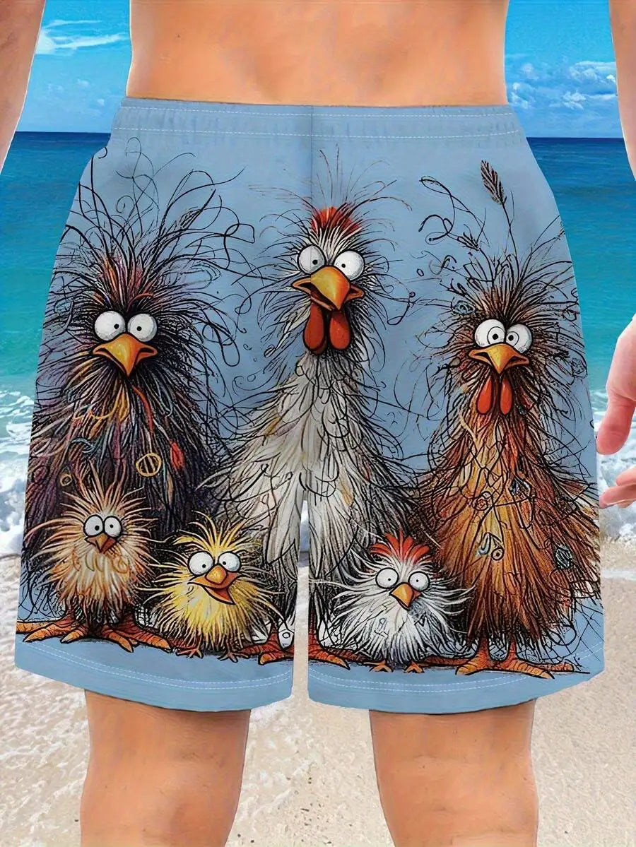 Mens Beach Shorts With Cartoon Chicken Print For Summer