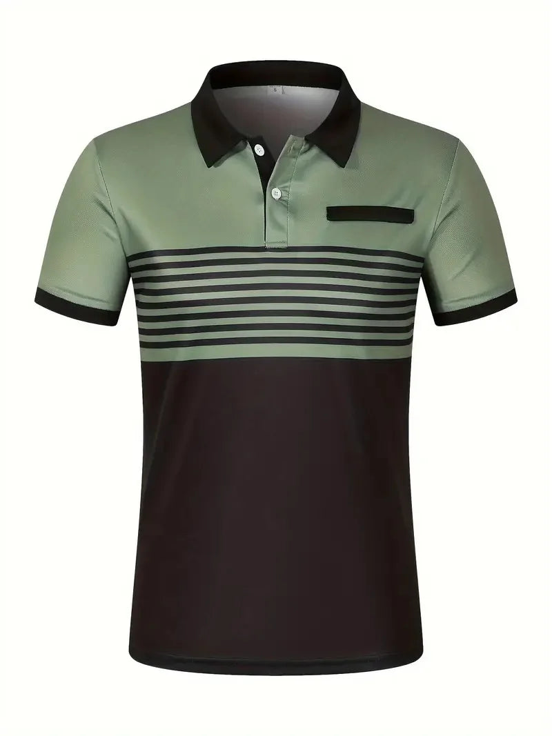 2024 short sleeved summer new item, men's casual polo shirt, V-neck button striped color blocked versatile T-shirt top