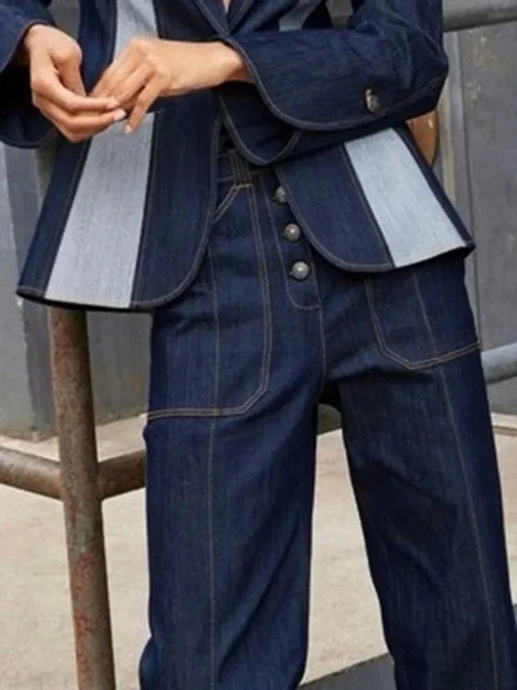 Women's Patchwork Denim Pants High Waisted Straight Leg Trousers