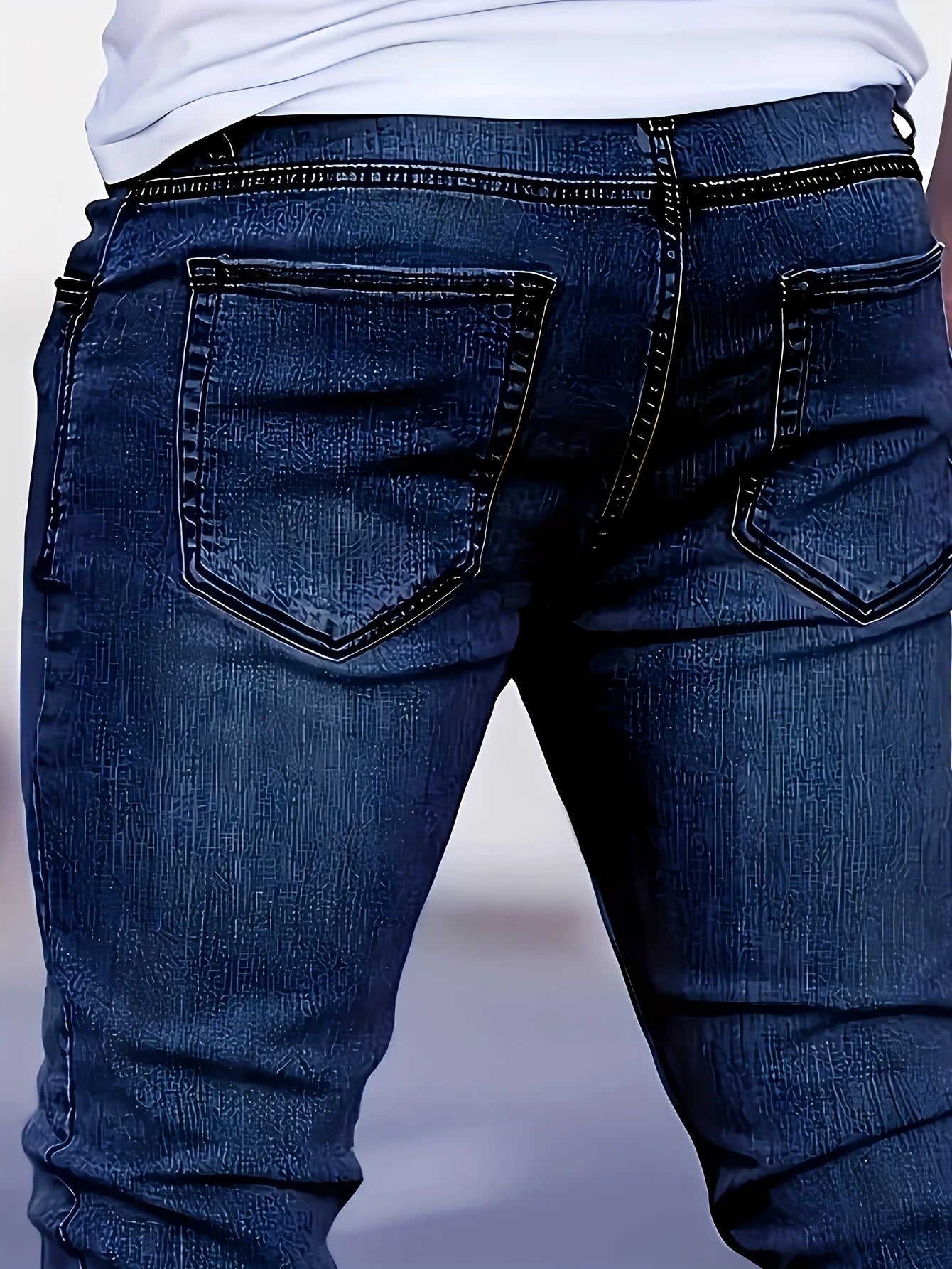Men's slim-fit blue jeans with subtle distressing, contouring to the body, effortlessly creating a casual and trendy style.