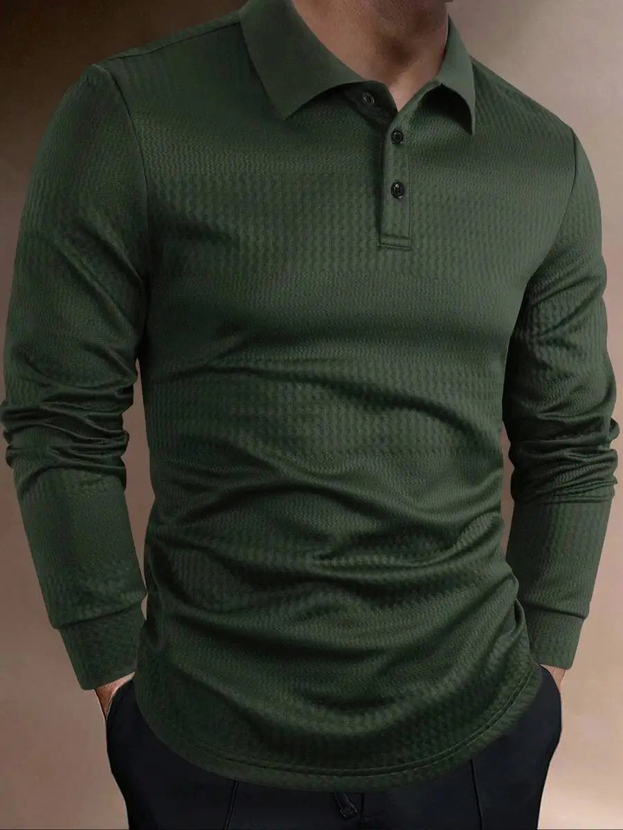 Men's Long Sleeve Textured Knit Polo Shirt - Solid White, Casual Business Wear