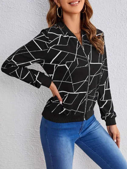Geometric Print Women's Baseball Jacket With Zipper And Stand Collar