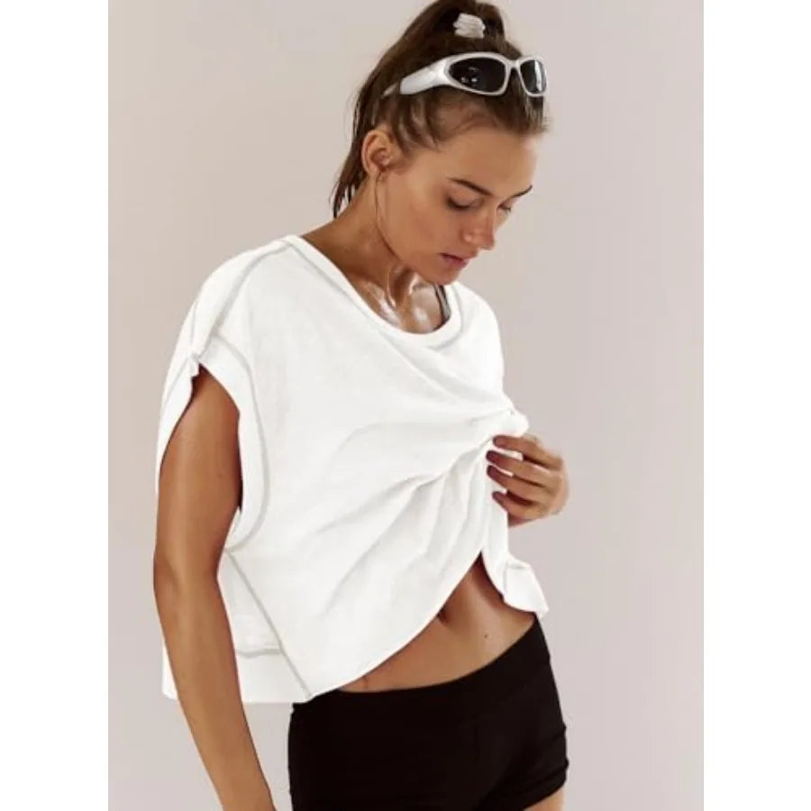 Kumufenc Women Short Sleeve Workout Shirts Open Back Tops Casual Yoga Y2k Athletic Gym Slouchy Crop Running Tees