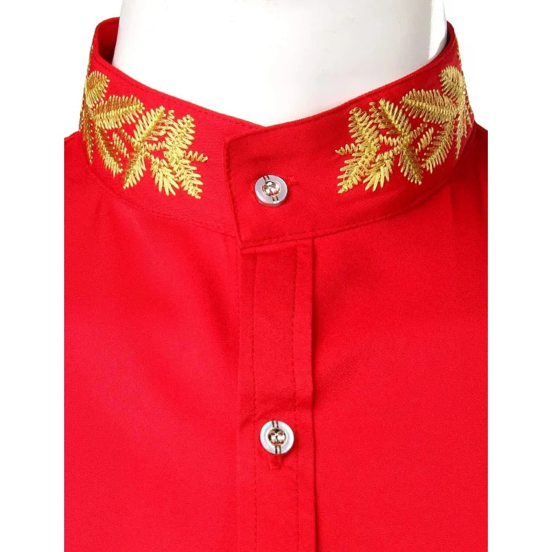 Men's Gold Embroidery Mandarin Collar Slim Fit Long Sleeve Shirt