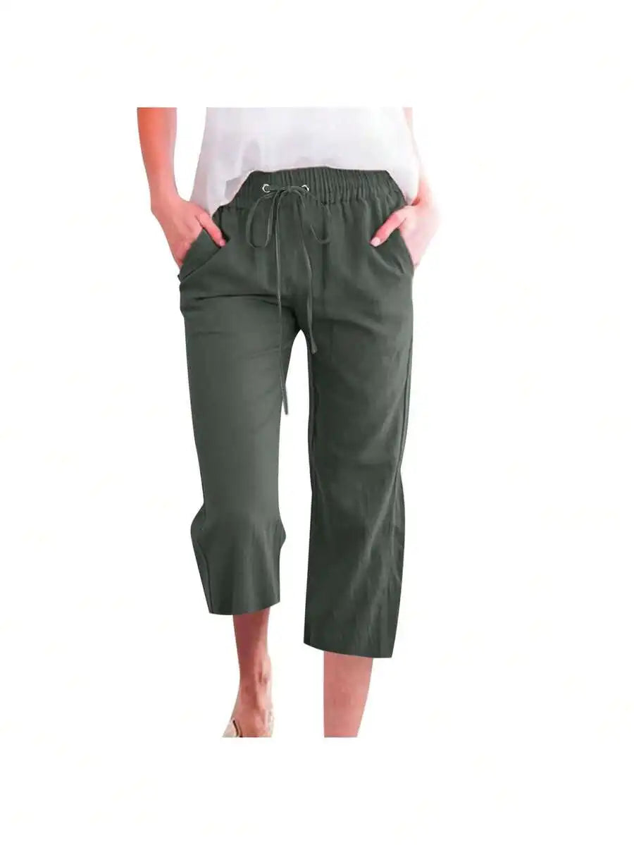 Womens Summer Elastic High Waist Linen Cotton Blend Drawstring Capris