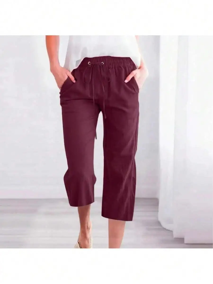 Womens Summer Elastic High Waist Linen Cotton Blend Drawstring Capris