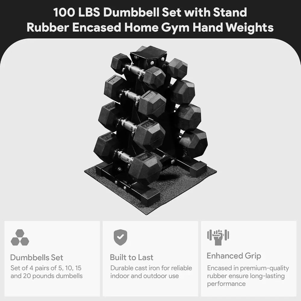 Rubber Coated Hex Dumbbell Set With Rack 100Lb Kit
