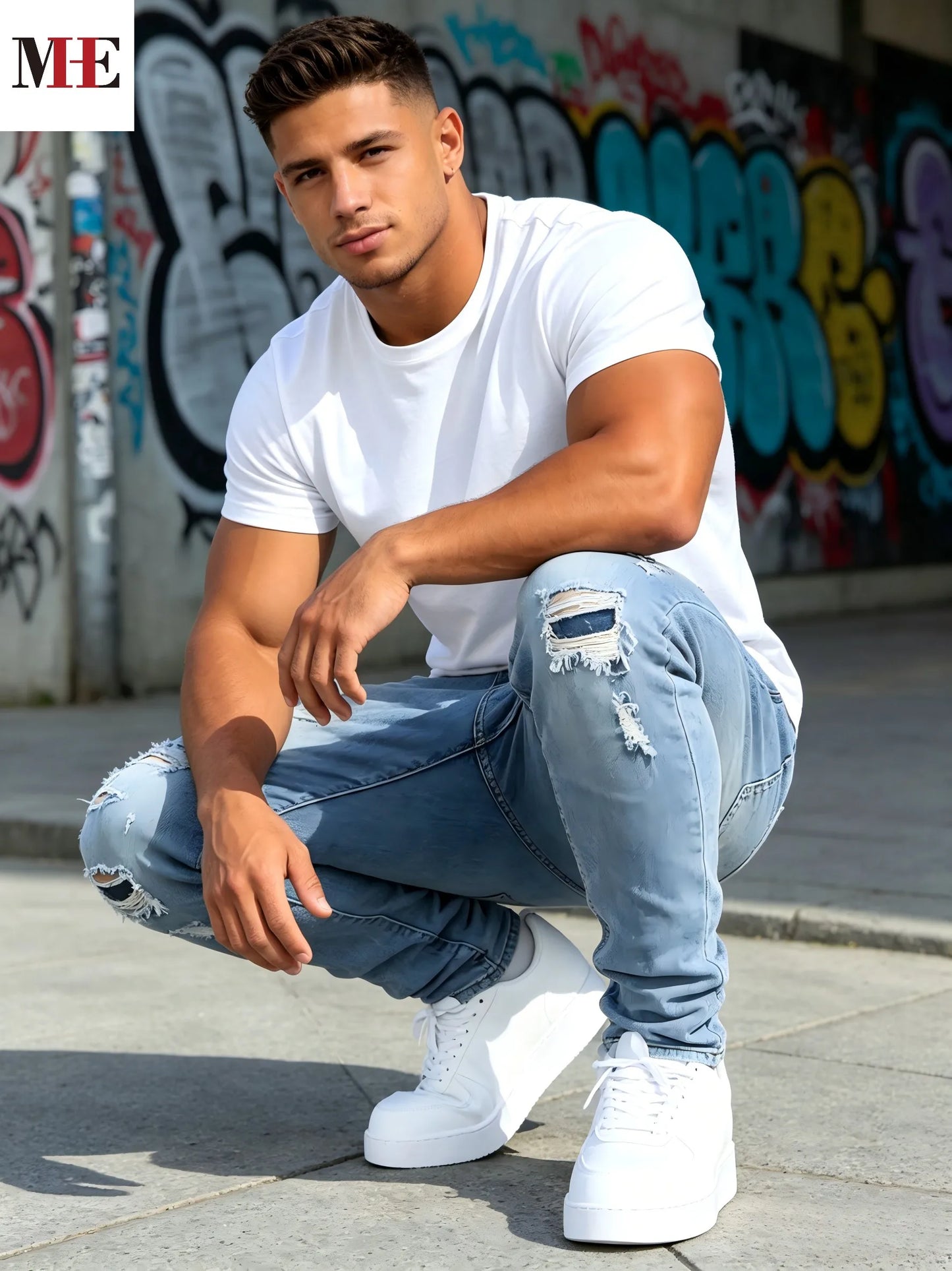 Hme Men's Slim Stretch Denim Jeans With Zipper Fly And Ripped Details For Everyday Casual Wear