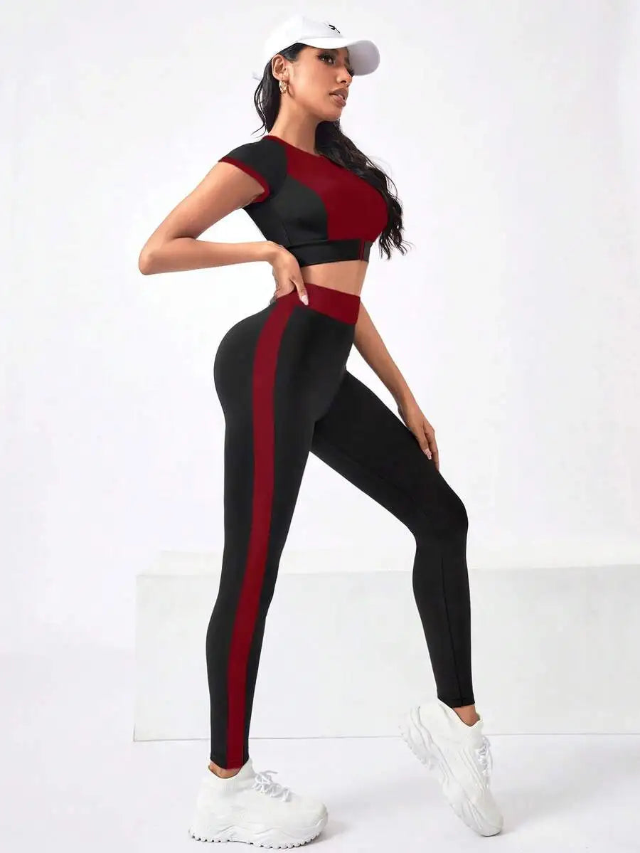 Contrast Color Short Sleeve Crop Top And High Waist Leggings Sport Set For Women