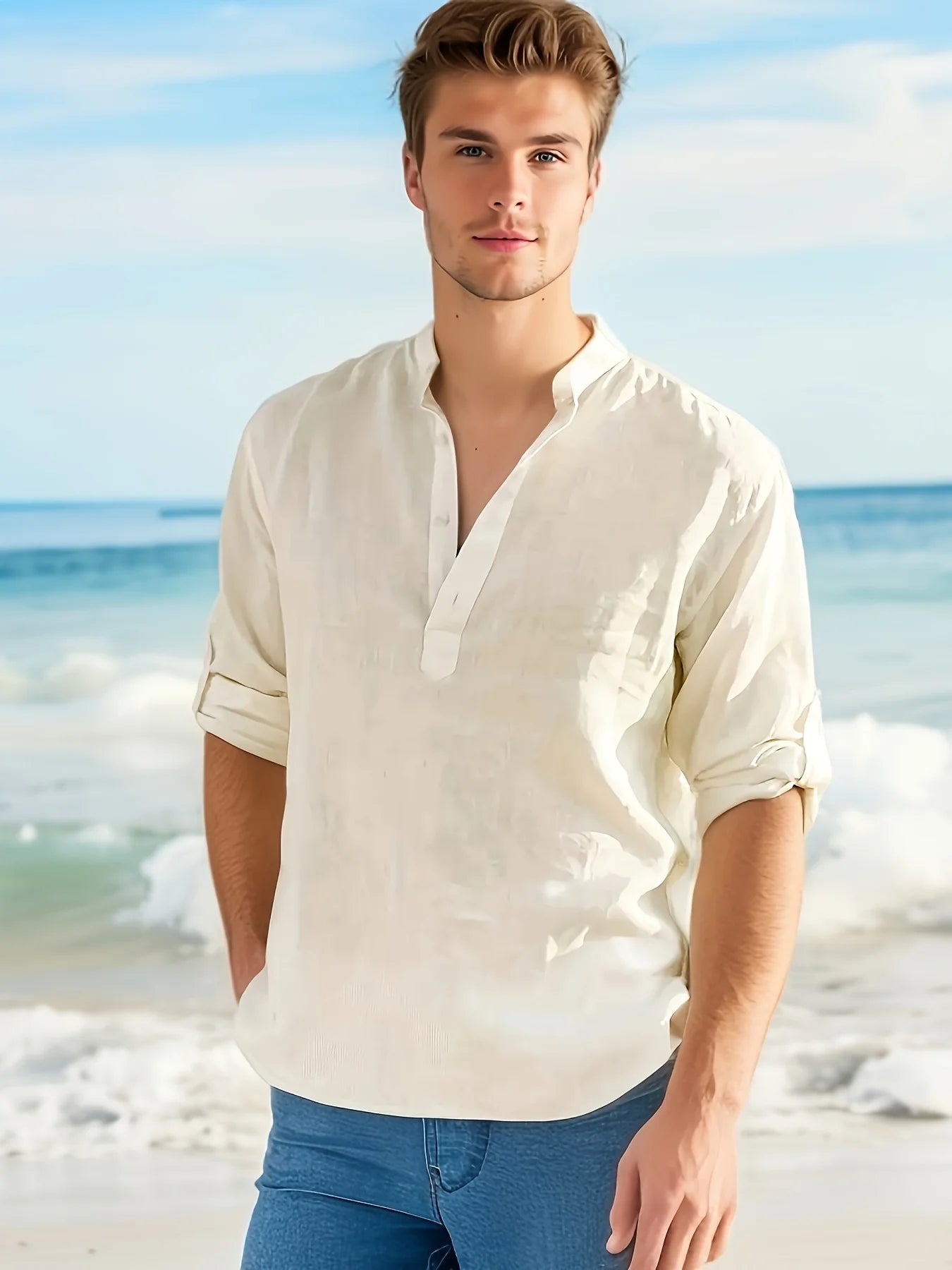 Men's Loose Fit Solid Long Sleeve Linen Collar Shirt