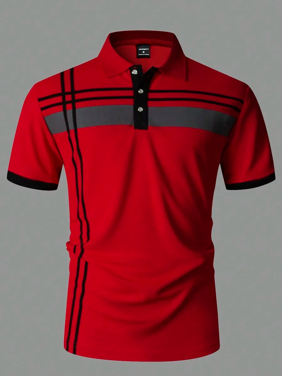 Men's Red Short Sleeve Polo Shirt with Black and Gray Stripe Contrast Trim