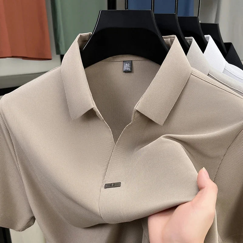2025 New Men's Casual and Fashionable Solid Color Short Sleeved Polo Shirt Comfortable and Versatile Summer T-shirt