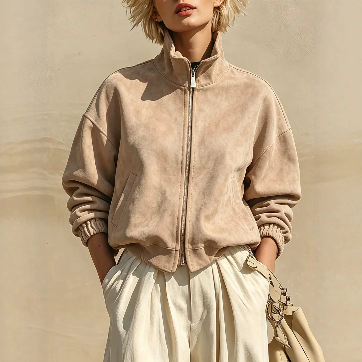 Women's Retro Suede Style Stand Collar Zipper Jacket Cinched Sleeves