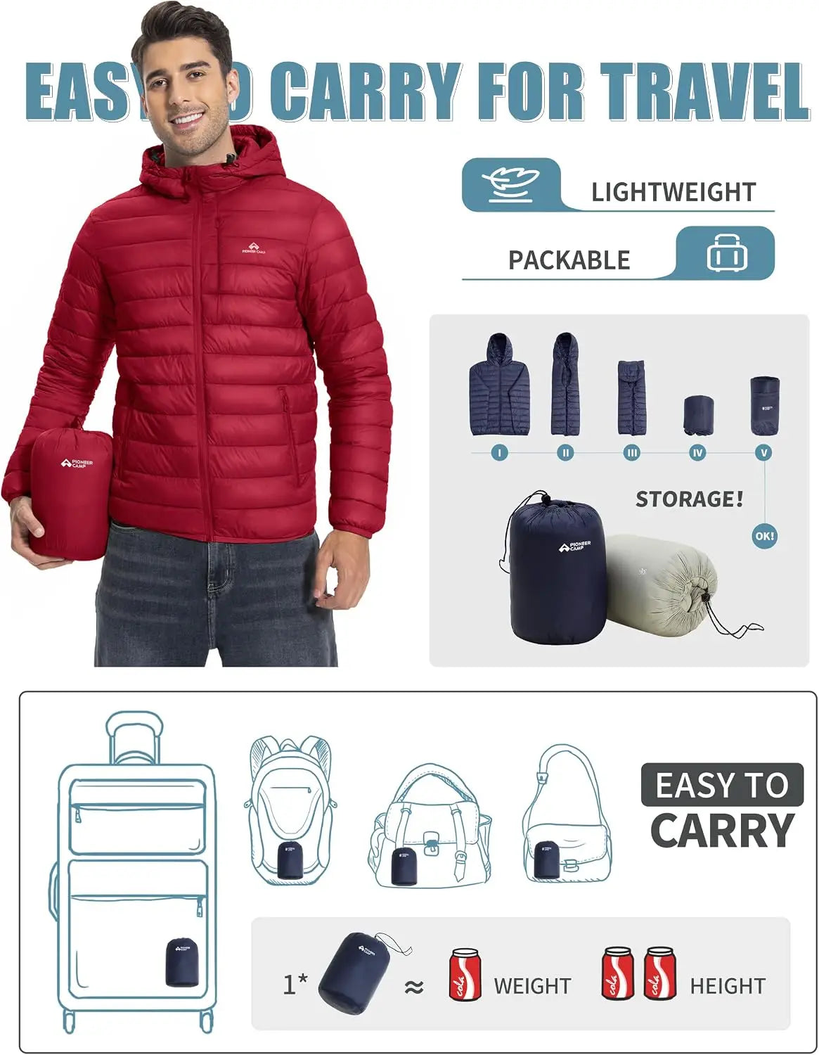 Pioneer Camp Men's Lightweight Hooded Packable Insulated Puffer Jacket for Hiking
