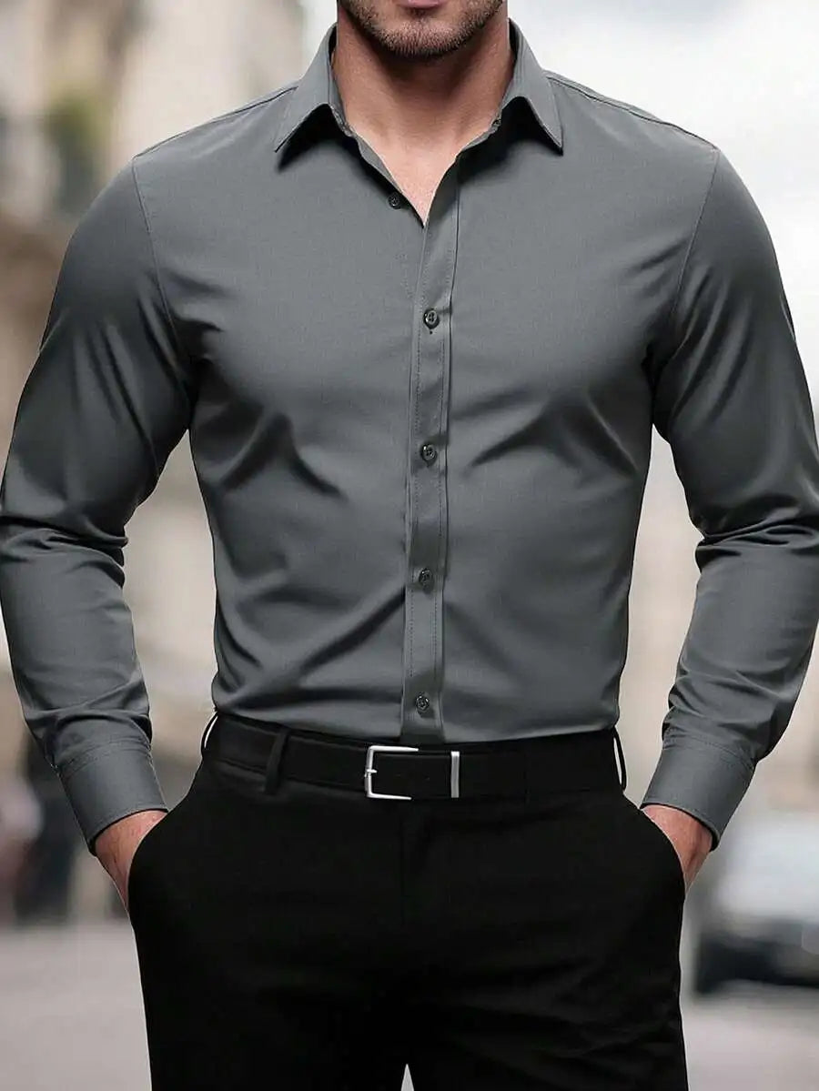 Solid Color Long Sleeve Casual Shirt For Men With Turn Down Collar