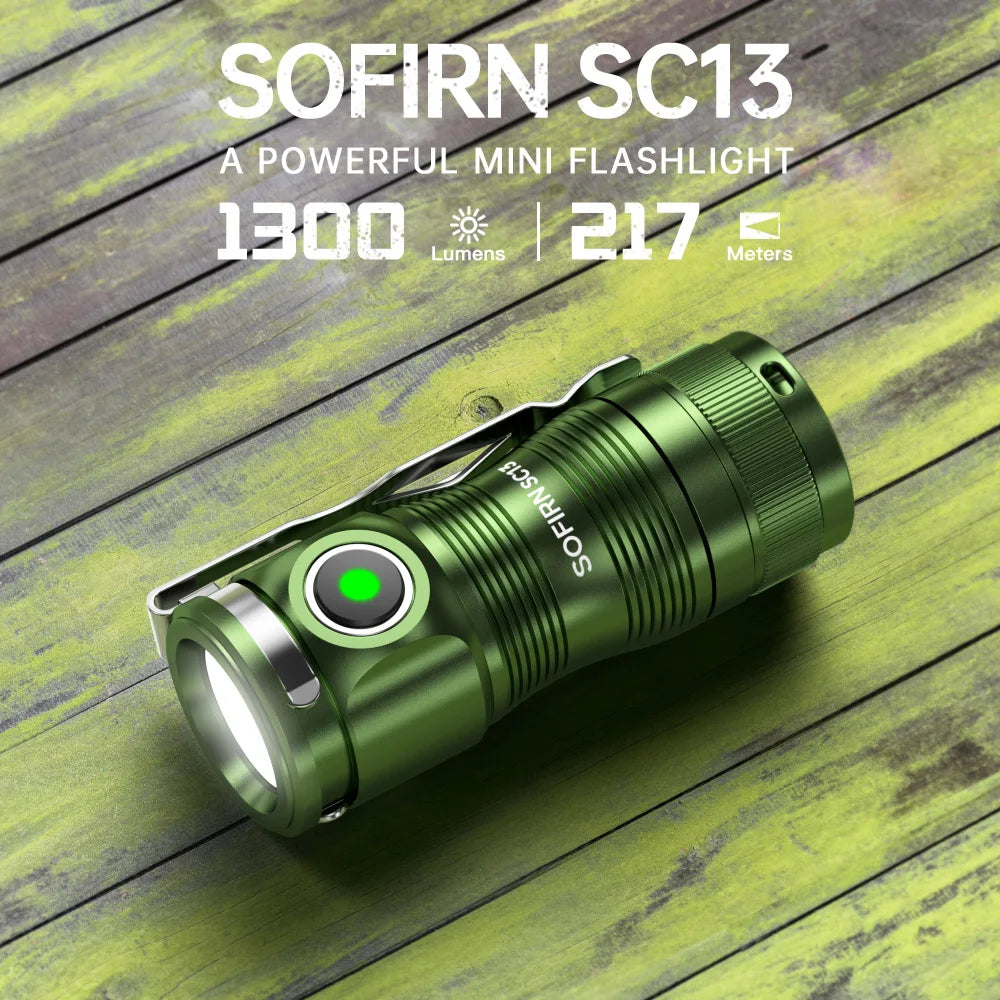 SOFIRN SC13 Mini Flashlight 1300lm Keychain Tactical 18350 6000K Black Green 519A/SST40 LED Emergency Torch