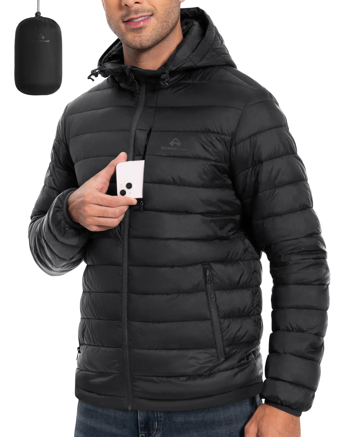 Pioneer Camp Men's Lightweight Hooded Packable Insulated Puffer Jacket for Hiking