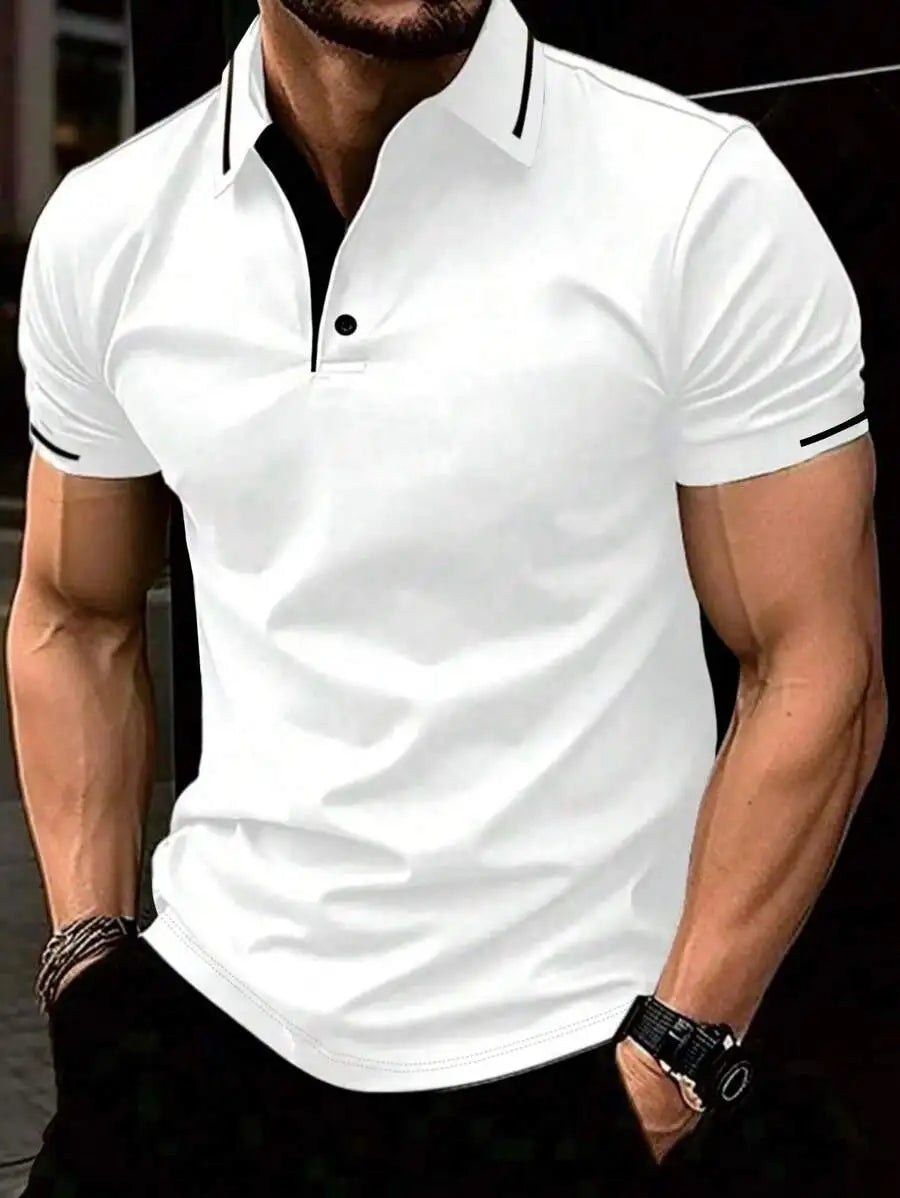 Navy Blue Men's Polo Shirt with Red Trim Collar and Cuffs, Short Sleeve Casual Summer Top
