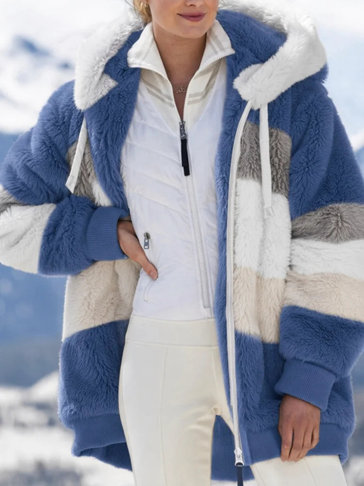 Womens Thick Fleece Hooded Patchwork Winter Casual Coat