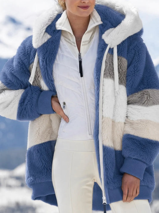 Womens Thick Fleece Hooded Patchwork Winter Casual Coat
