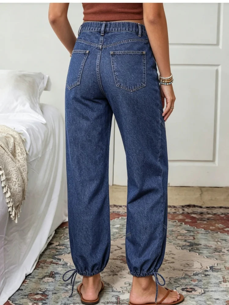 Women's High Waist Loose Fit Denim Jeans With Drawstring Cuffs