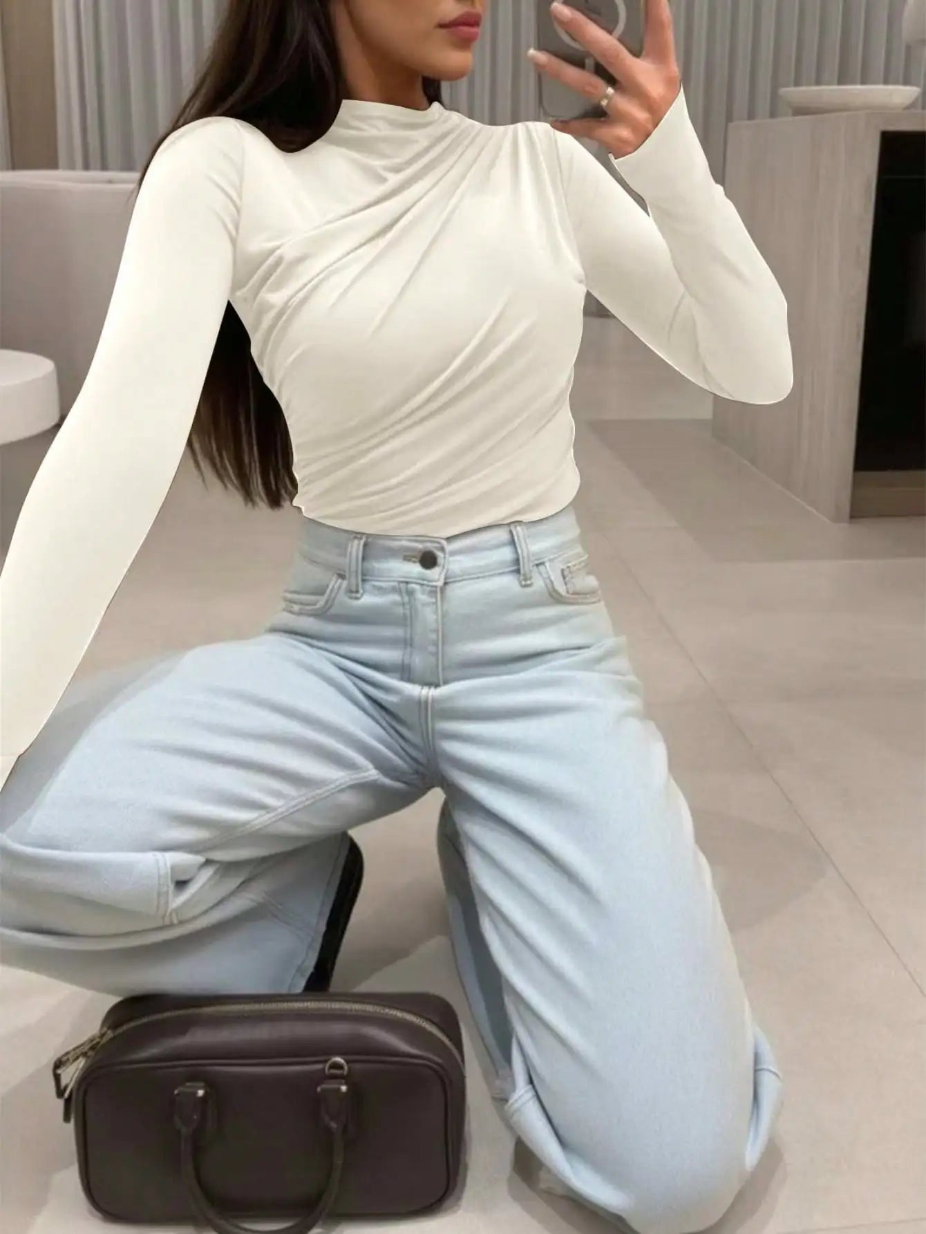 Fisoew women's Basic Tops Fall New Arrival  Early Autumn Versatile Slim Fit Thin Layering Tee Long Sleeve T-Shirt