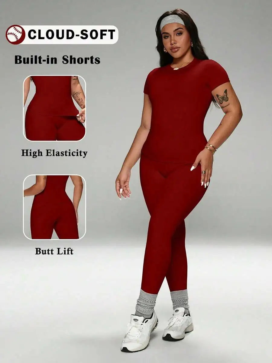 Pink 2-Piece Set Crew Neck T-Shirt High Waist Yoga Leggings Plus Size Activewear