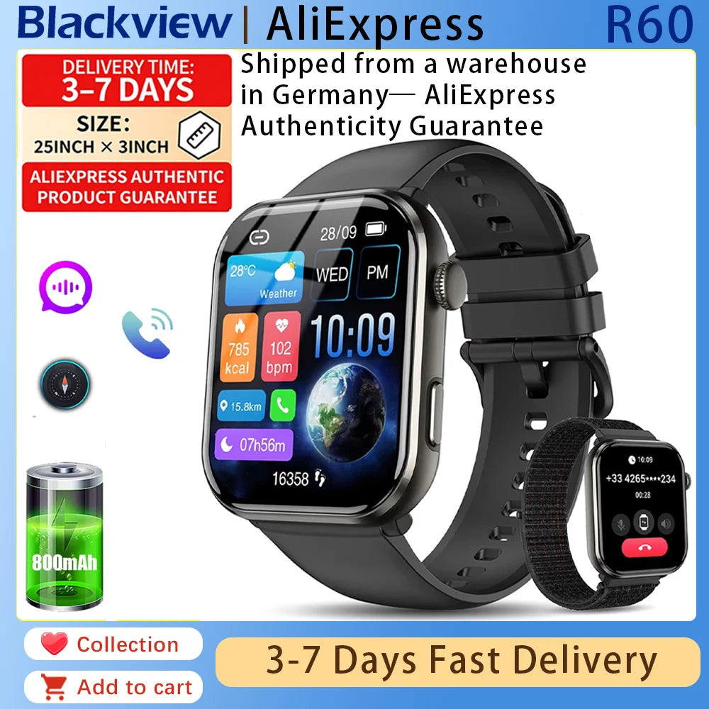 Blackview 800mAh 1.96'' AMOLED Screen R60 Bluetooth Call Smartwatch Blood Oxygen Health Monitoring for Men Women Fitness Tracker