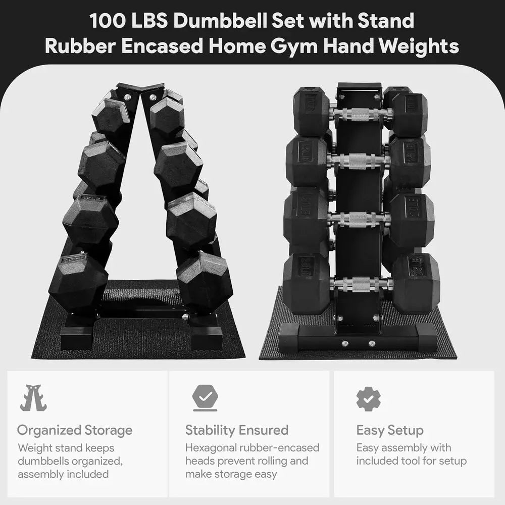 Rubber Coated Hex Dumbbell Set With Rack 100Lb Kit