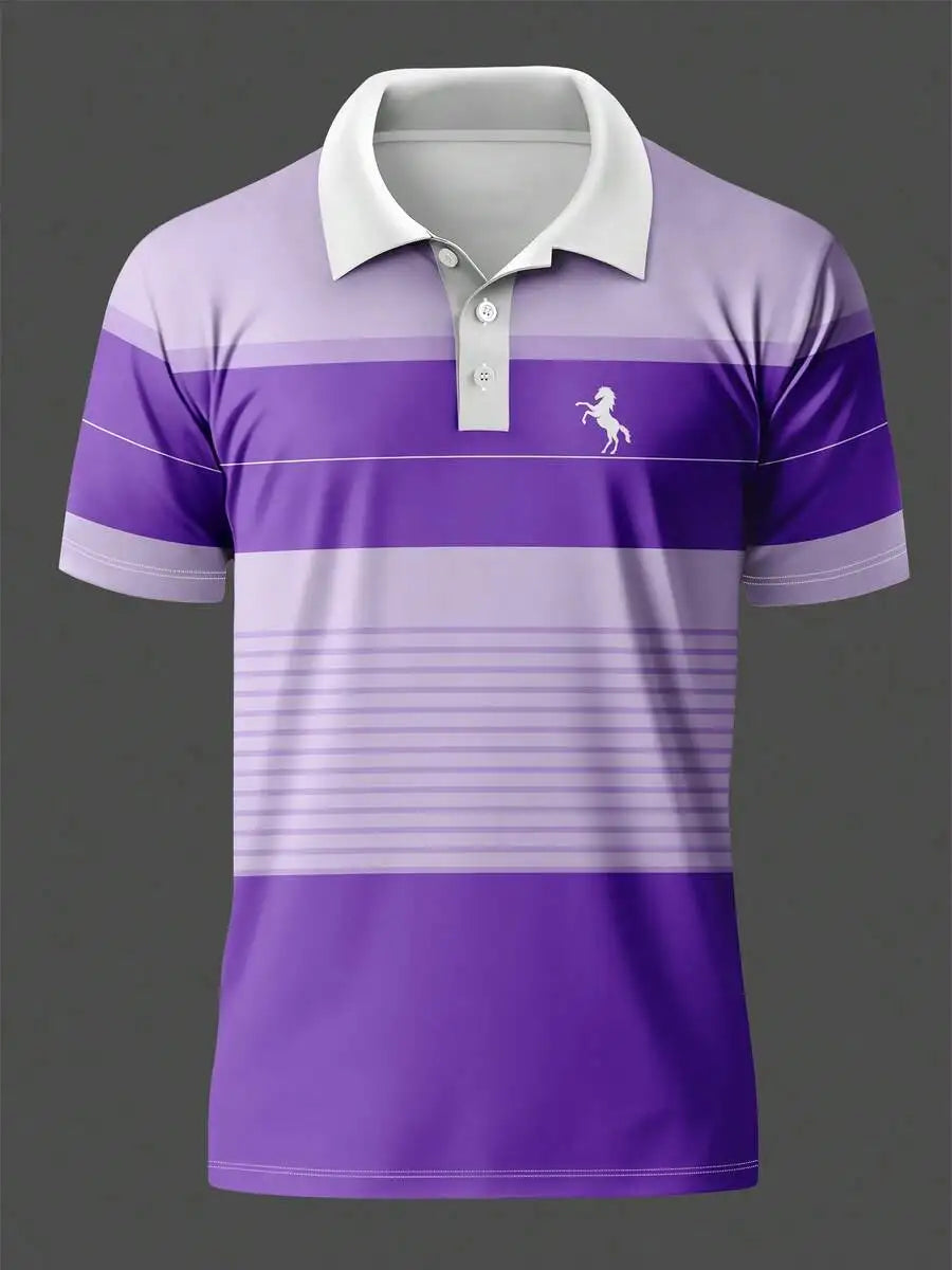 Men's Casual Striped Short Sleeve Polo Shirt with Horse Logo