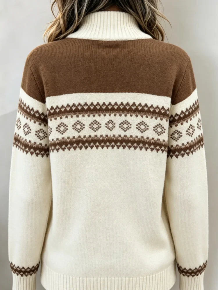 Women's Fair Isle Geometric Jacquard Half Zip Mock Neck Sweater