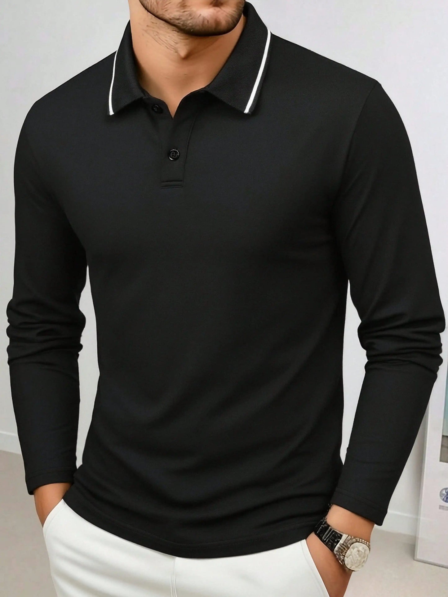 Men's Black Long Sleeve Polo Shirt, Regular Fit, Lightweight Casual Top for Spring Autumn