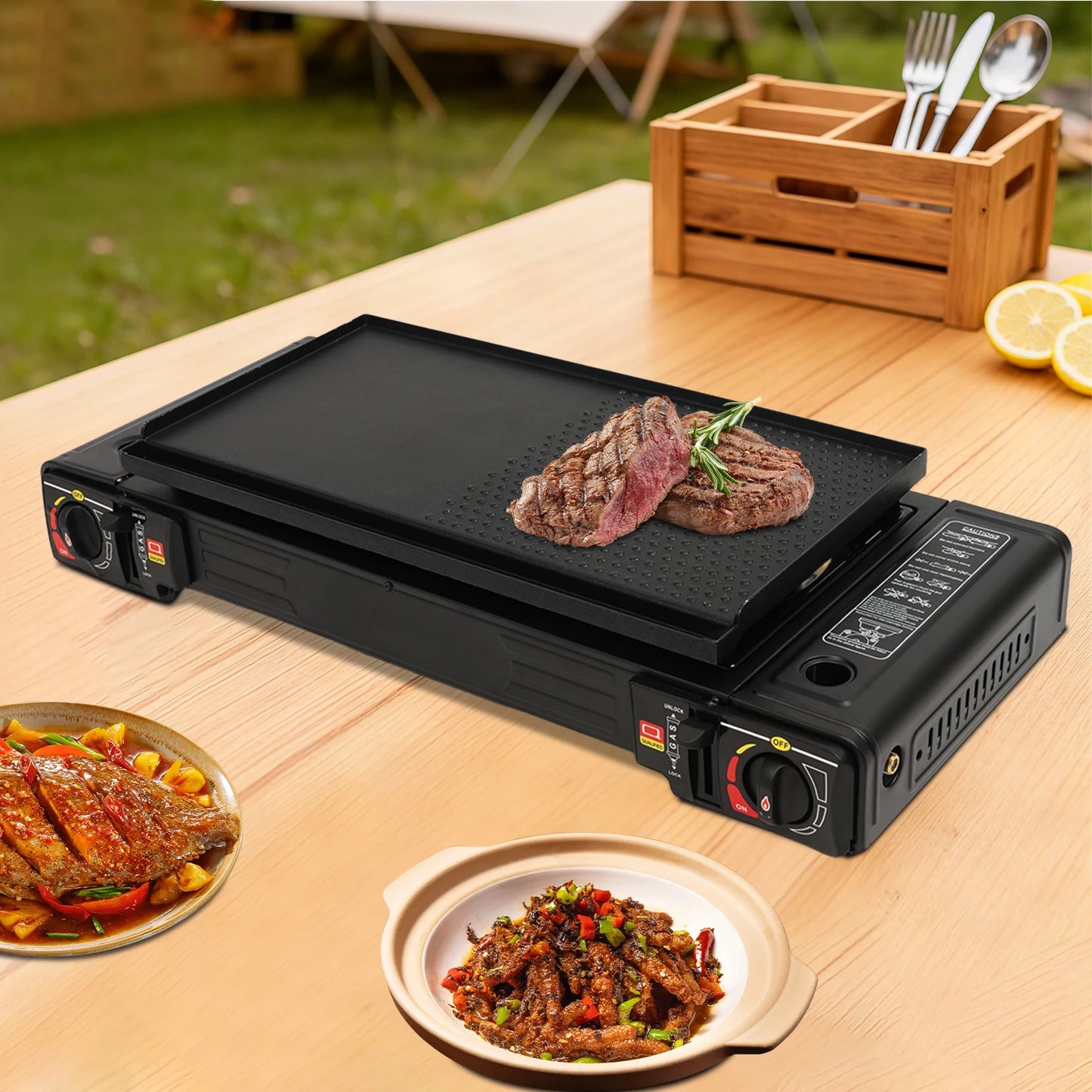 Portable Dual Fuel Camp Stove With Piezo Ignition And Non Stick Griddle