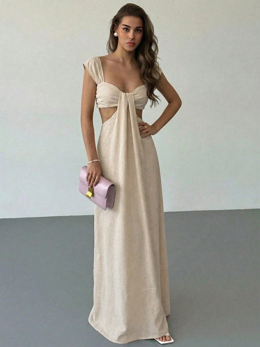 Apricot Boho Maxi Dress With Tie Shoulder And Cut-Out Detail, Flowing A-Line Skirt For Summer Beach Wedding Or Party