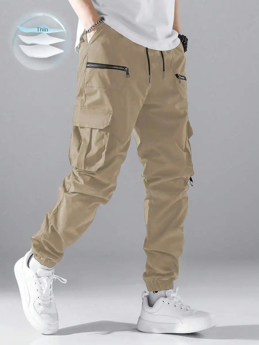 Loose Fit Mens Cargo Pants With Flap Pockets Elastic Waist