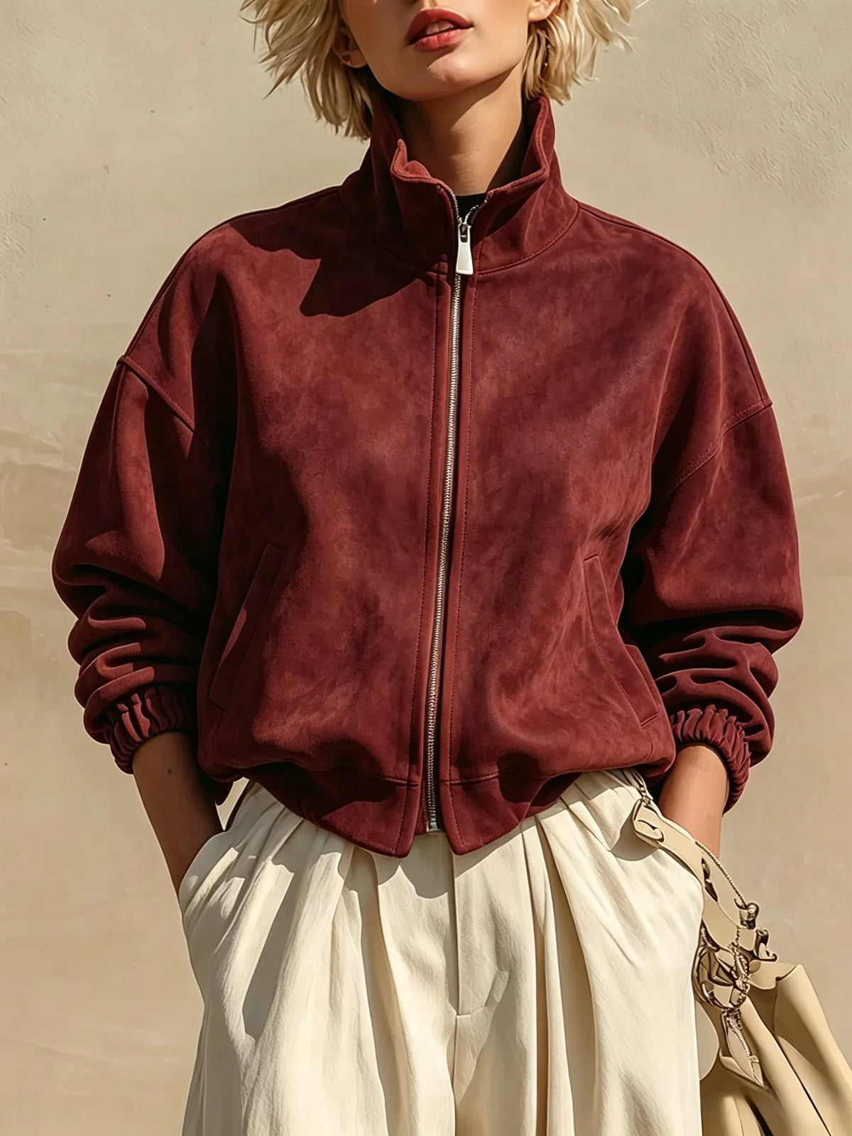 Women's Retro Suede Style Stand Collar Zipper Jacket Cinched Sleeves