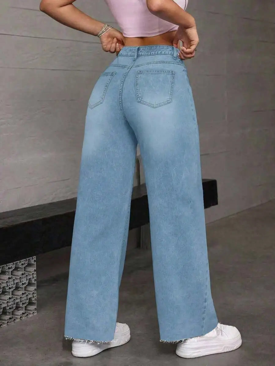Womens High Waist Ripped Denim Jeans Straight Leg Streetwear