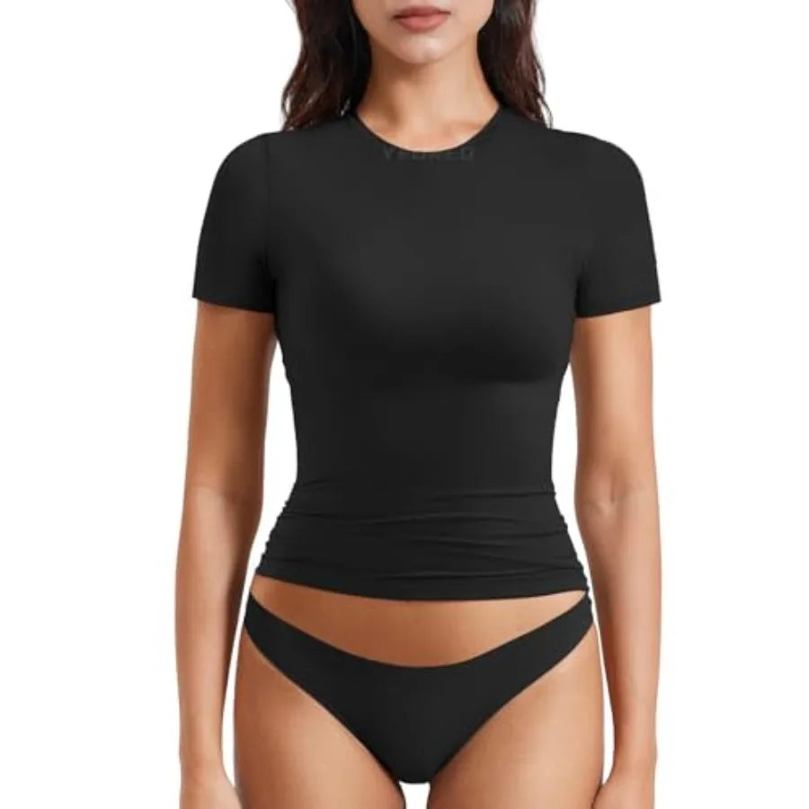 Ease Women Fitted Workout Tops Short Sleeve Double Lined Basic Y2K Going Out Crew Neck Compression Crop Top