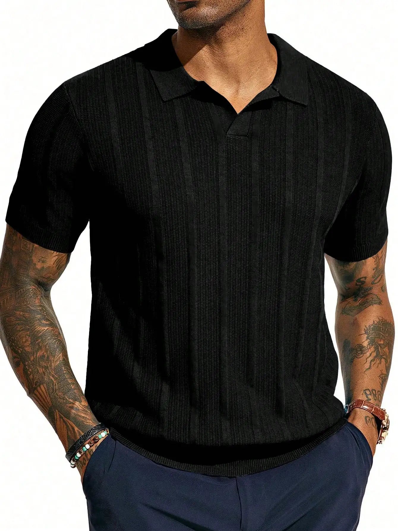 Men's Navy Blue Short - Sleeve Knitted Polo Shirt - Vertical Ribbed Pattern - Comfortable And Stylish For Daily And Smart - Casual Wear