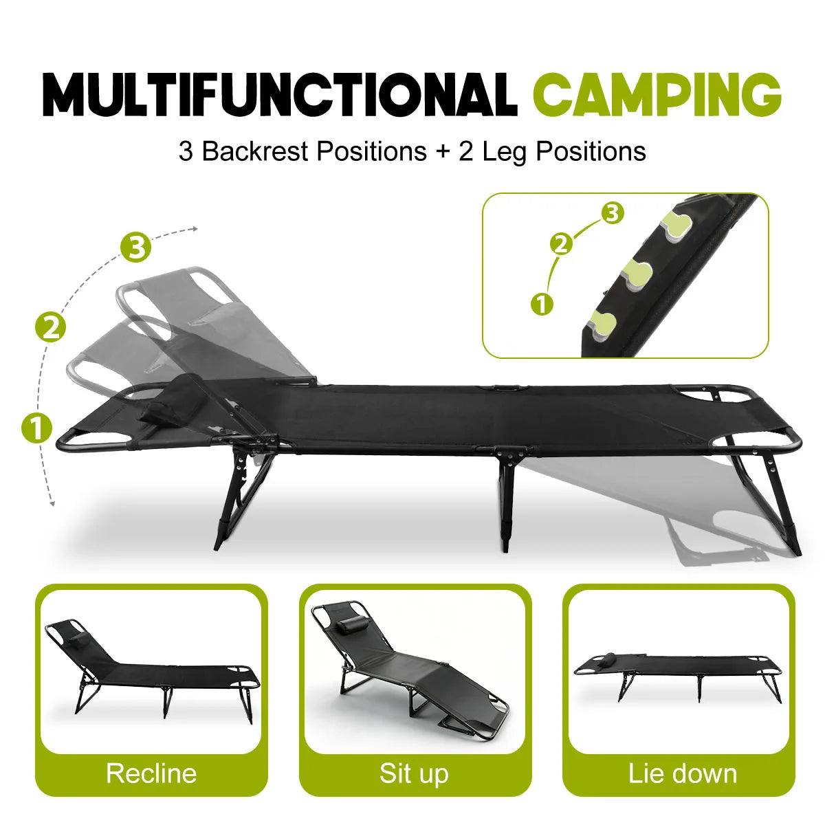 Portable Folding Camping Lounge Chair With Cushion, 3-Position Reclining