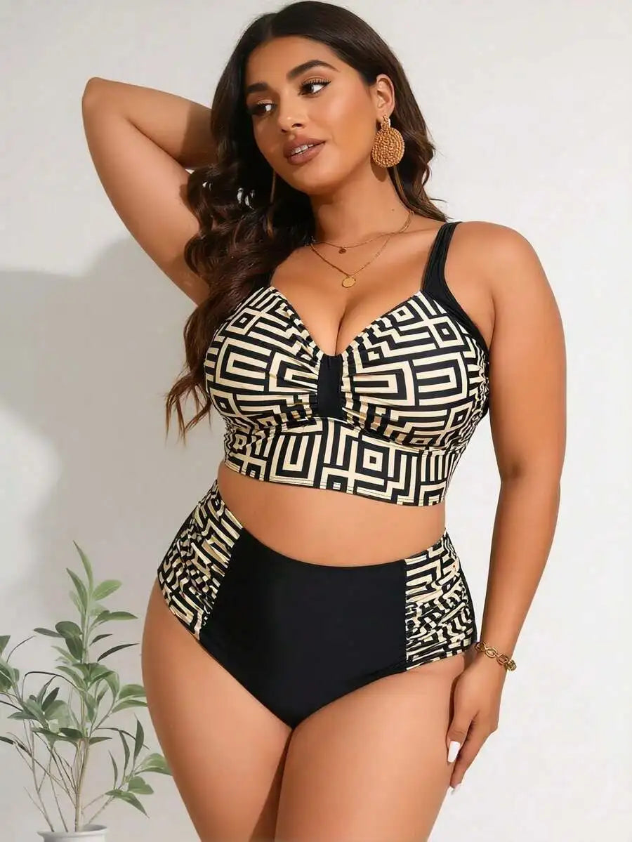 Geometric Print Two Piece Swimsuit With Crop Top For Women