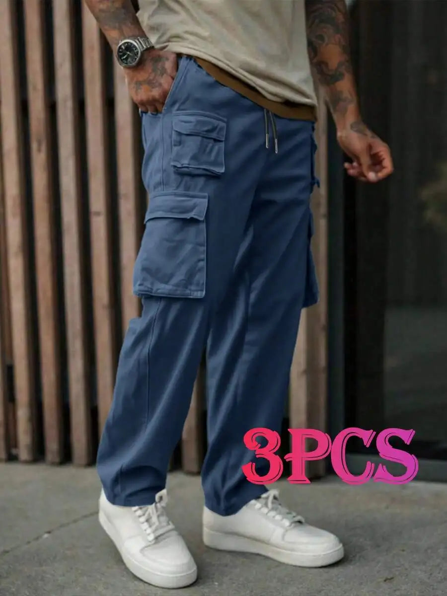 Men's Cargo Pants Loose Fit Multi Pocket Drawstring Hiking Trousers