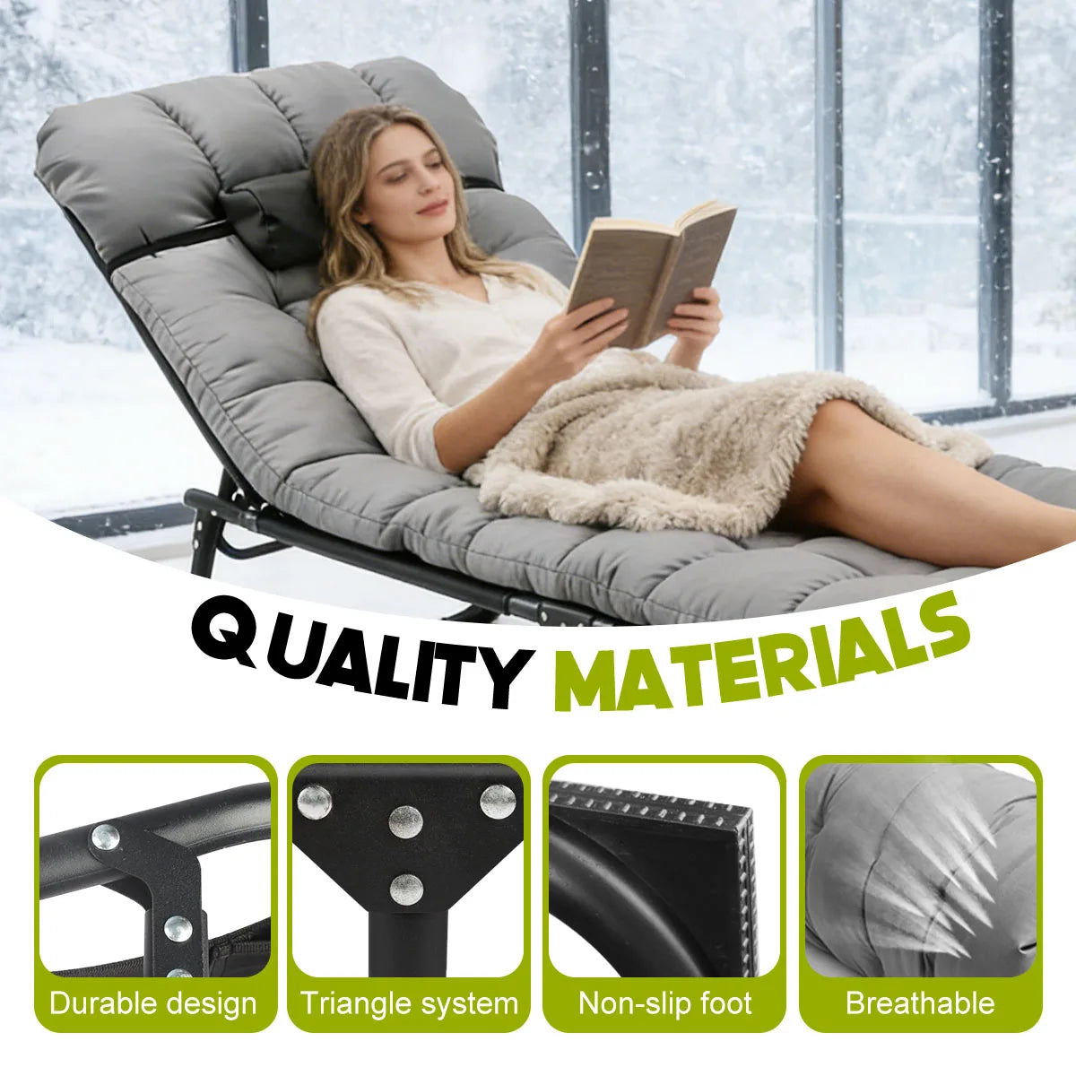 Portable Folding Camping Lounge Chair With Cushion, 3-Position Reclining