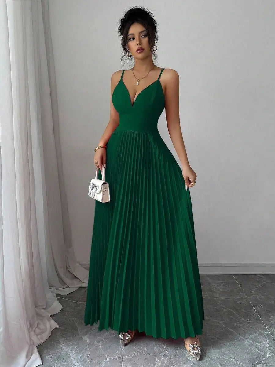 Elegant V-Neck Spaghetti Strap Pleated Prom Dress For Evening