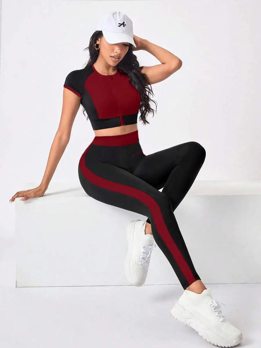 Contrast Color Short Sleeve Crop Top And High Waist Leggings Sport Set For Women