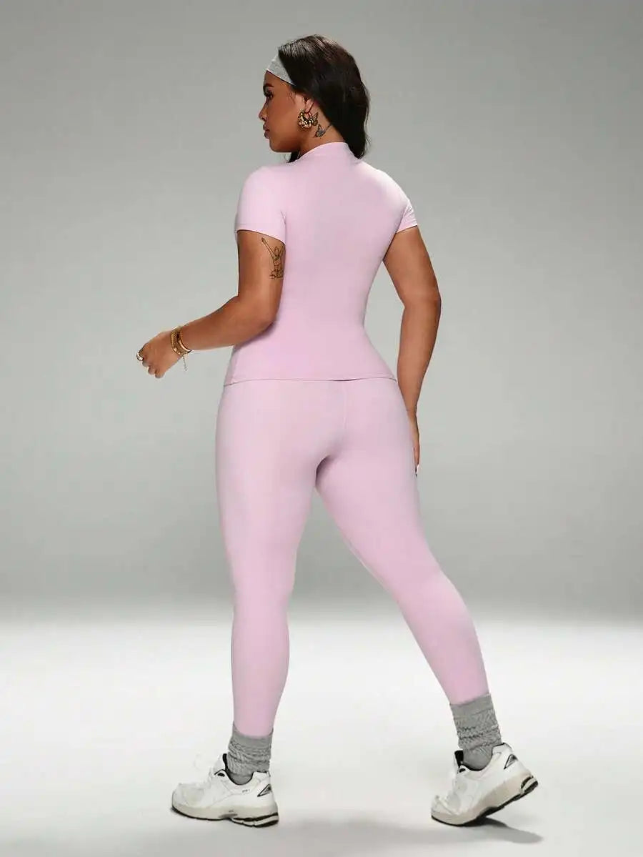 Pink 2-Piece Set Crew Neck T-Shirt High Waist Yoga Leggings Plus Size Activewear